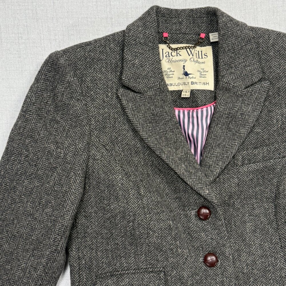 Jack Wills Tailored Blazer Herringbone Gray Wool Three Button Front Size 6 - Picture 5 of 12